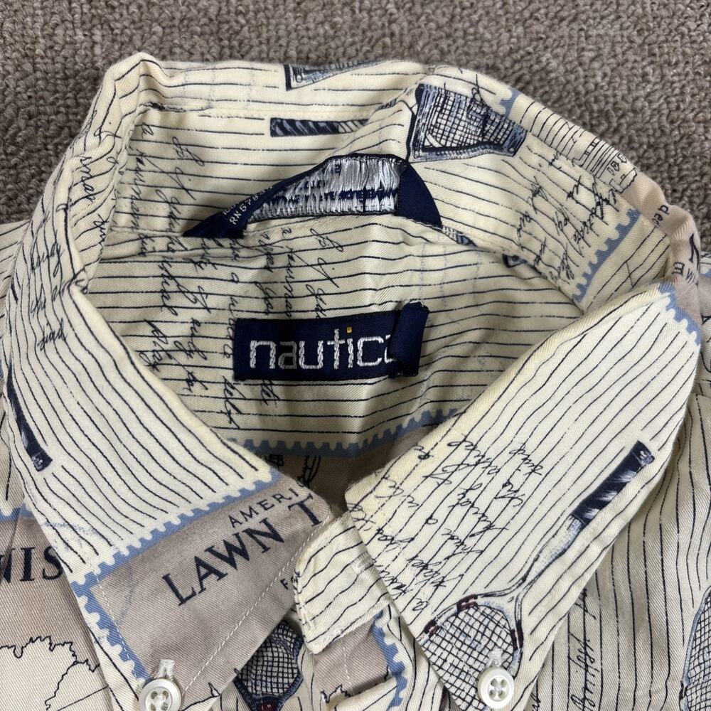 Vintage 90s NAUTICA Sporting Club Tennis All Over Print Ivory Shirt Fits L 23x31